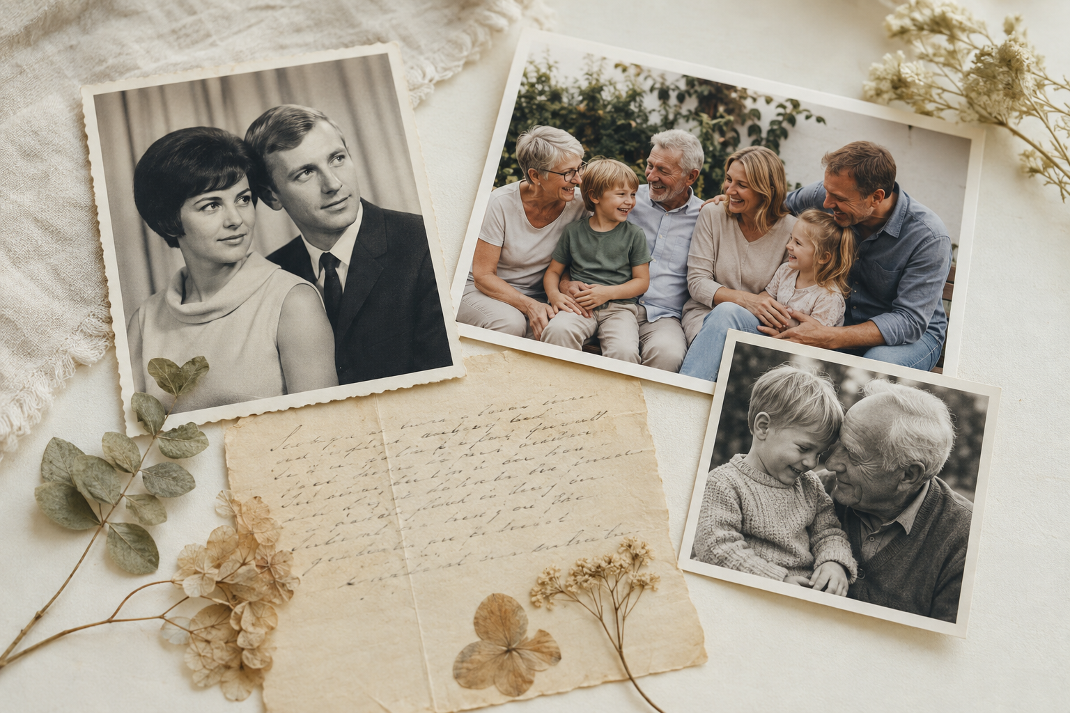 Historische und heutige Familienfotos mit einem handschriftlichen Brief und gepressten Pflanzen