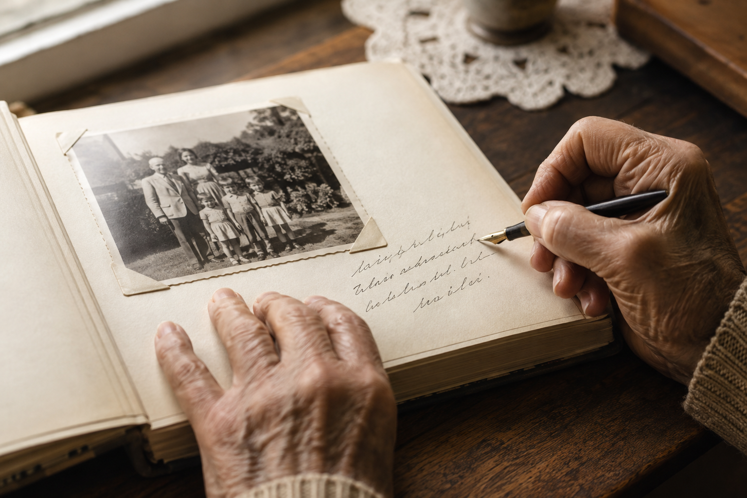 Eine persönliche Erinnerung wird behutsam bei einem alten Familienfoto festgehalten